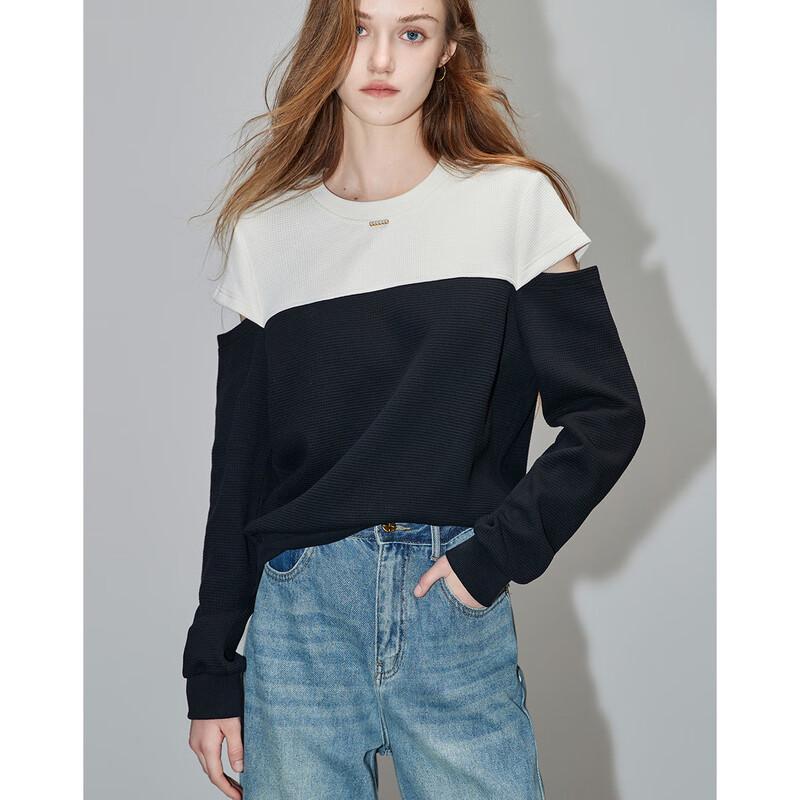 Demana French Style Waffle Knit Patchwork Off-Shoulder Sweatshirt