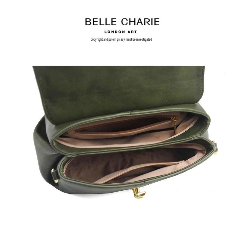 Retro Olive Green Genuine Leather Crossbody Bag with Scarf