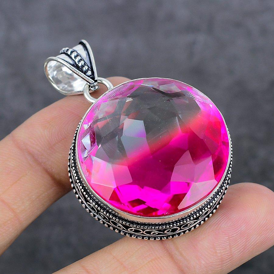 Bi-Color Tourmaline Handmade 925 Sterling Silver Jewelry Pendant 2.01" H3k99