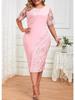 Abito estivo taglie forti da donna con inserti in pizzo, abito a tubino elegante da lavoro e da festa, tinta unita, girocollo, manica corta