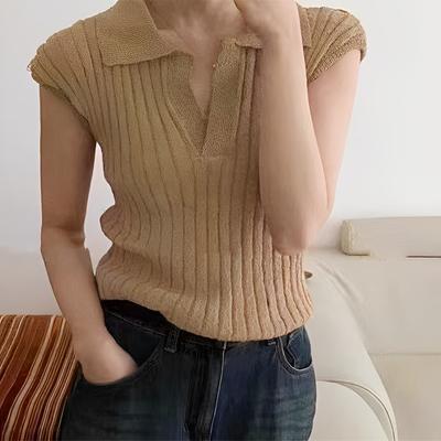 Temperament Commuter Knit Short-sleeved Tops Female Summer Retro Slim Thin Lapel T-shirt Casual Essential Comfort and Style Slim Fit Pullovers Tees