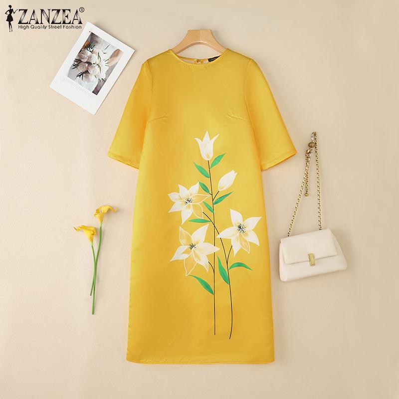 ZANZEA Women Casual Round Neck 3/4 Sleeve Loose Summer Print Dress