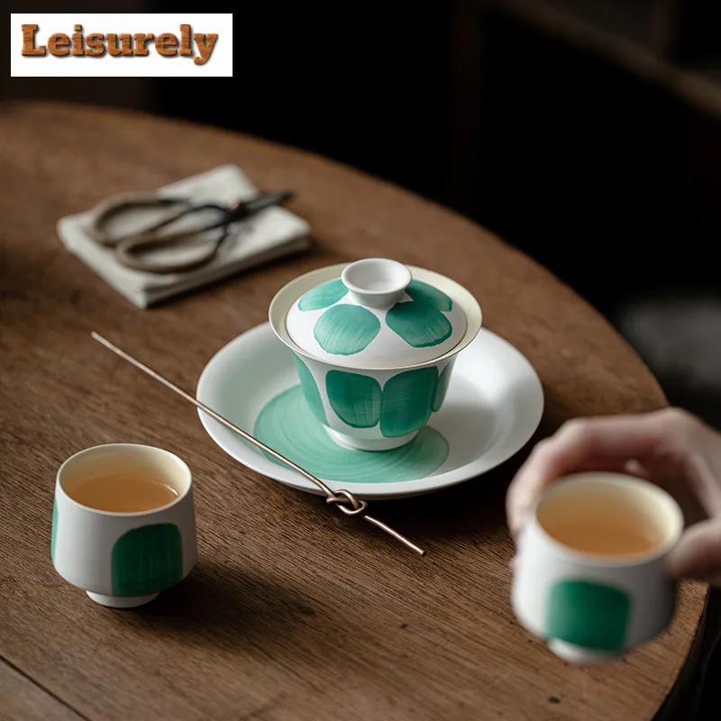 120ml Japanese Powder Yin Gaiwan Creative Brush Green Sopera Tea Tureen Tea Maker Cover Bowl Tea Ceremony Supplies Collection