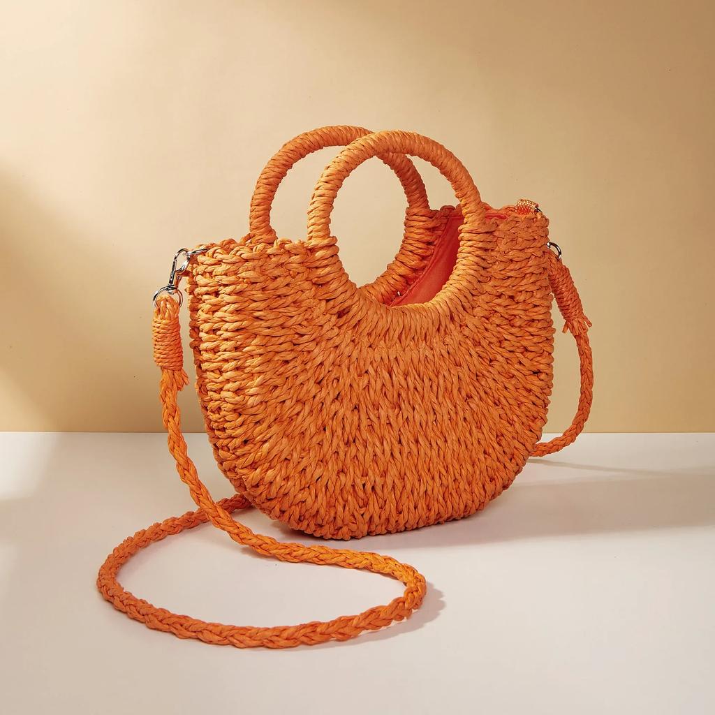 Handwoven Straw Rattan Half-Moon Bag - Women’s Large Capacity Hollow Out Crossbody Beach Shoulder Bag with Half-Round Design