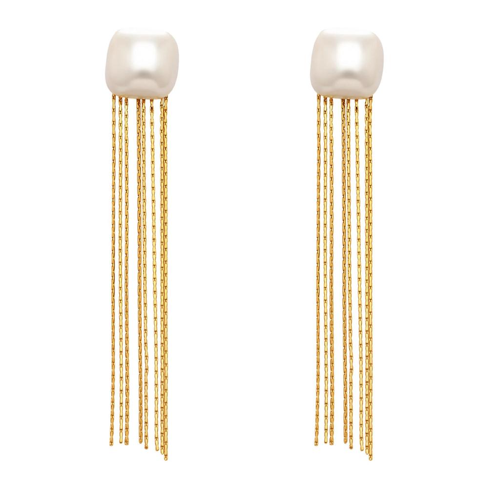 18K Gold Plated Stainless Steel Geometric Pearl Tassel Earrings - Versatile European & American Fashion Style