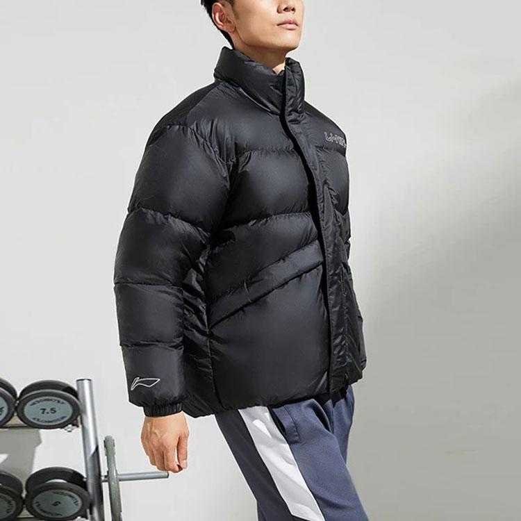 Li Ning Sports Basketball Series Logo Print Loose Windproof Warm Stand Collar Down Jacket Winter Men Outerwear Black AYMR053-3