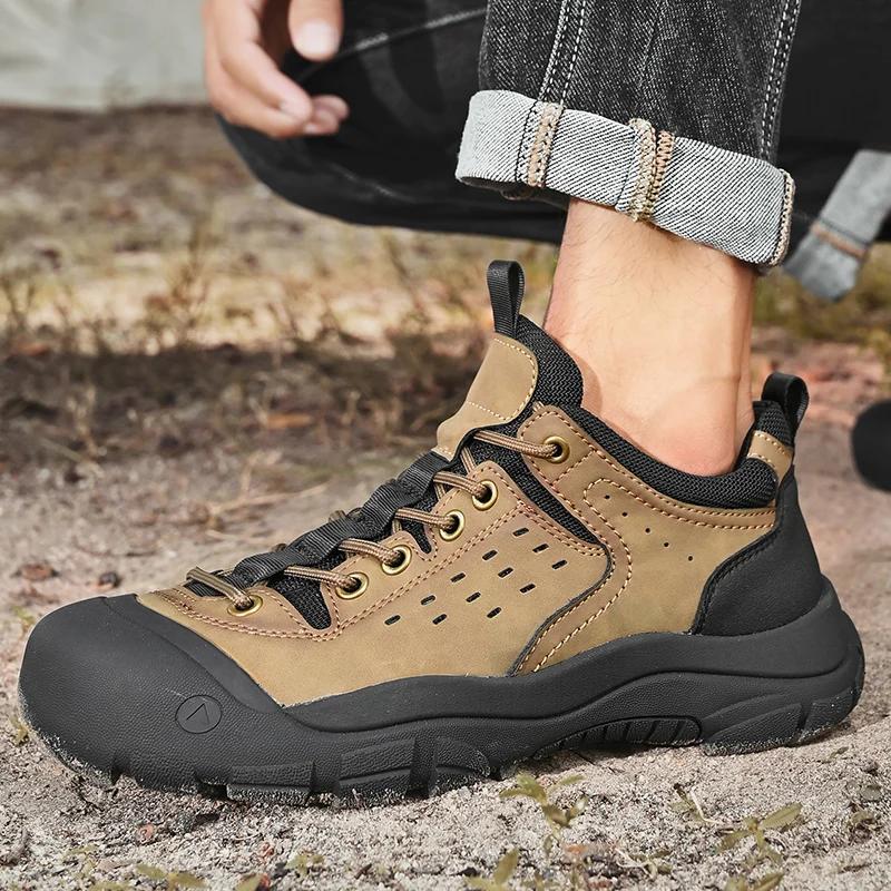 Fashion Men's Hiking Shoes Outdoor Anti Slip Luxury Man Leisure Climbing Shoes Genuine Leather Thick Bottom Fashion Jogging Mens Shoes