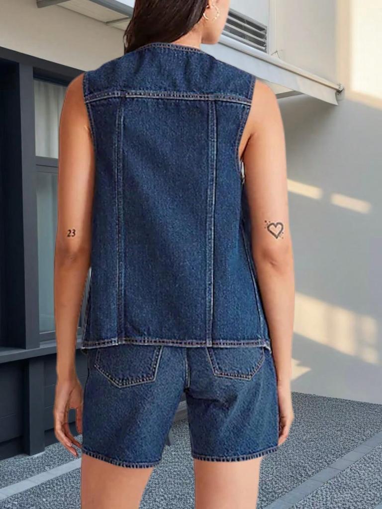 Women's Denim Vest Button Down V Neck Sleeveless Casual Jean Jacket