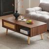 Wicker Coffee Table, Tea Table with Sliding Doors, Solid Wood Legs, Modern Living Room Table, Dark Walnut Wood-H40/W1050/D55 cm