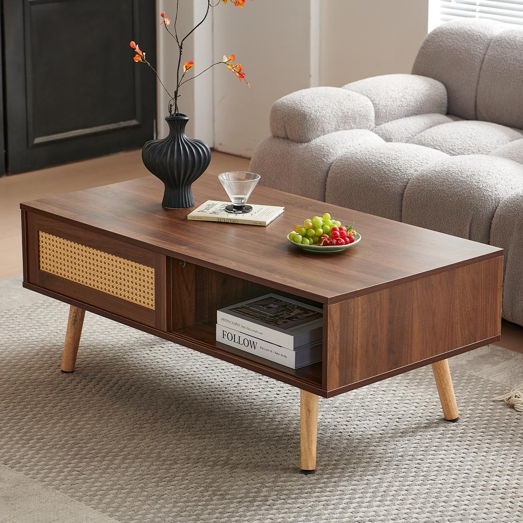 Wicker Coffee Table, Tea Table with Sliding Doors, Solid Wood Legs, Modern Living Room Table, Dark Walnut Wood-H40/W1050/D55 cm