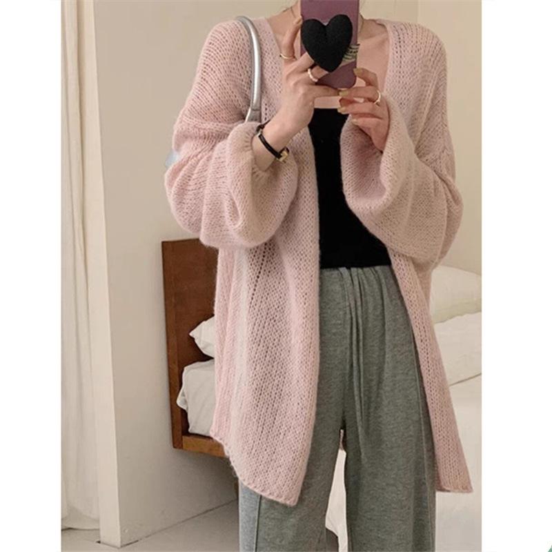 Long-sleeved knitted cardigan women's autumn lace-up solid color with lazy gentle wind loose early spring knitted jacket