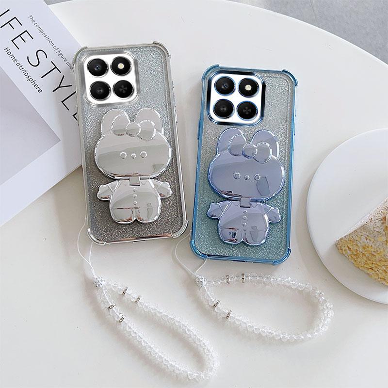 Luxury Shockproof Phone Case with Cute Rabbit Makeup Swivel Stand Crystal Lanyard For Honor X7d X7c X7b X7a X7 Back Cover