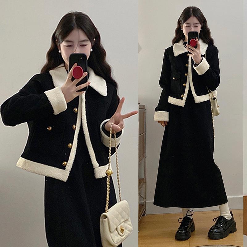 Women's Plus Size Fleece-Lined Lambswool Winter Suit: Thick Coat & A-line Skirt Set