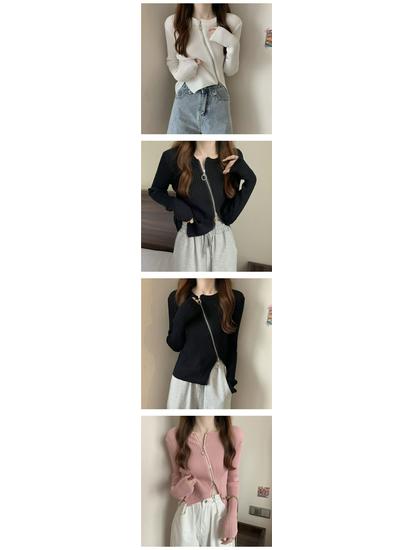 2025 Spring & Fall Women's Slim Fit Zipper Cardigan - Long Sleeve, Irregular Knit Top
