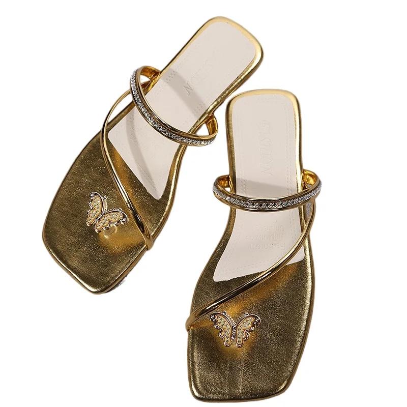 Pantofi pentru Femei 2025 Nou Vară Modă Outdoor Versatil Sandale pentru Femei Stras Fundă Papion Decupat Vârf Papuci de Femei