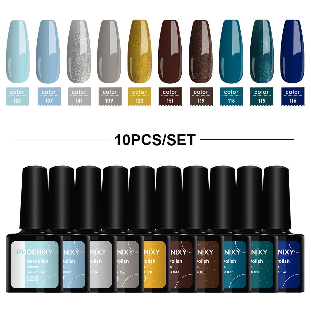 PHOENIXY 10Pcs/Set Mutilcolor Gel Polish Set Glitter Semi-Permanent UV Gel Nail Polish Hybrid Varnish Nail Gel For Nails Manciure Design