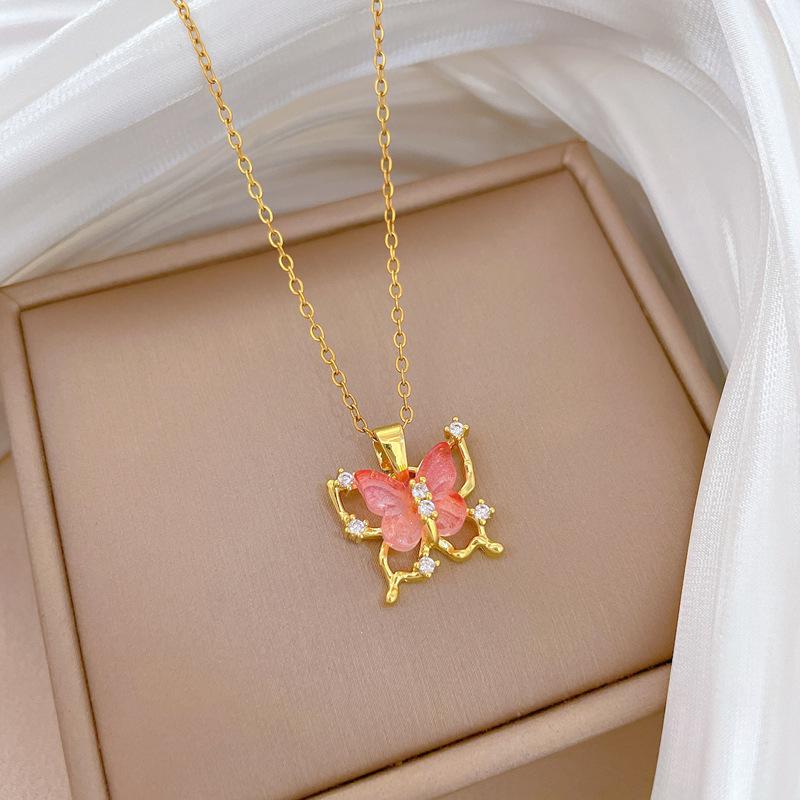 Titanstahl, Leere Rosa Schmetterling Leichter Luxus Temperament Wunderschöne Voll Diamant Halskette Damen Vielseitige Schlüsselbeinkette Titanstahlkette