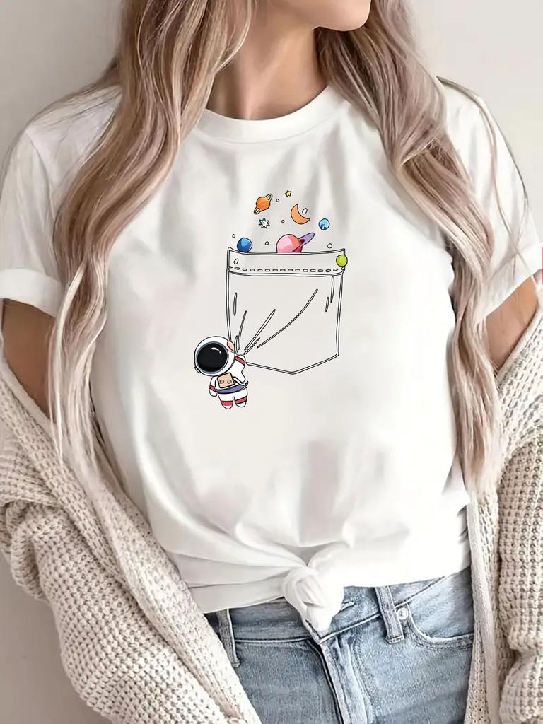 Round Cute Astronaut Colorful Planet Spacethemed Apparel Spacethemed Women's Light Astronaut Space Casual T-Shirt Sleeve