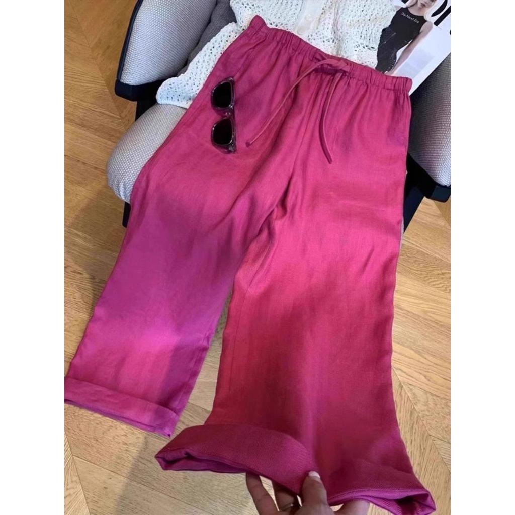 Rose Red Linen High-Waisted Wide-Leg Pants for Women - 2025 Summer Collection