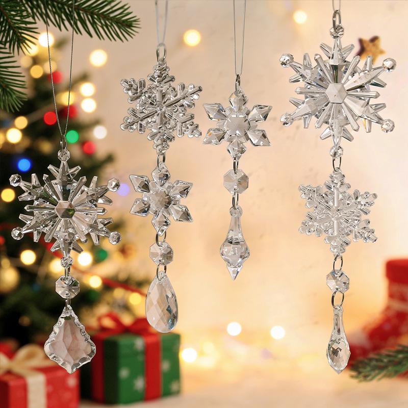 Transparent Acrylic Snowflake Ornament Set with Crystal Bead Strings for Christmas Tree Decoration