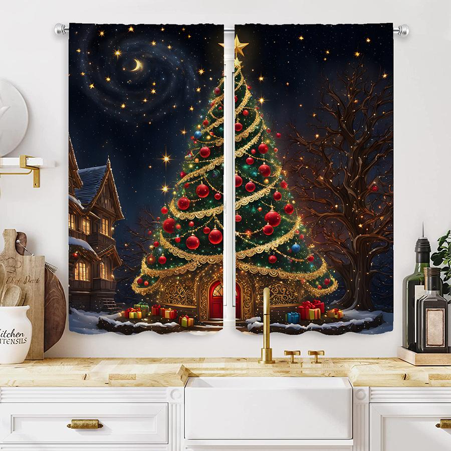 Set Of 2 Christmas Tree Starry Night Curtains Semi Transparent Polyester Living Room Bedroom Decor Curtain With Rod Pocket Machine Washable Ideal For