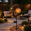 Kürbis Solarleuchten Halloween Gartenstecker Licht, Weicher Warmer Kürbis, Mond Katze Sichel Silhouette Außenweg Dekoration, Wasserdicht