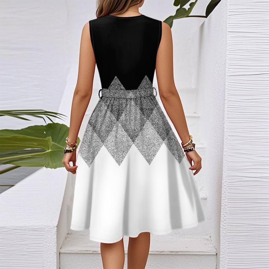 Women's Spring And Summer Casual V-Neck Sleeveless Waist Floral Print Midi Dress