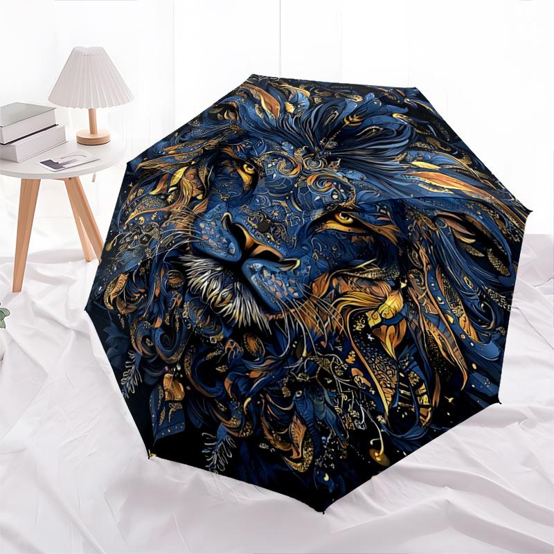 1pc Blue and Gold Ornate Lion Portrait Automatic, Cute Cartoon Pattern, Portable Outdoor Umbrella, Perfect, Holiday Gift for fans.W007