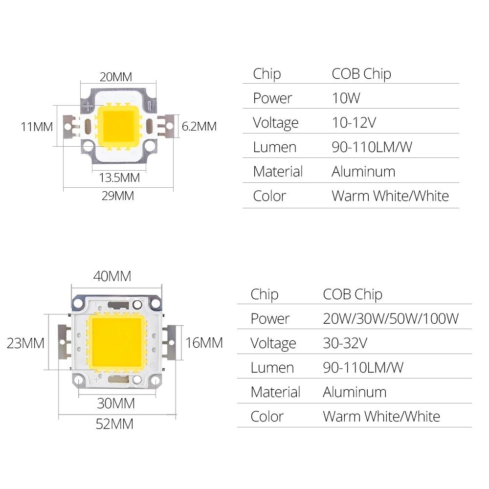 10W 20W 30W 50W 100W White/Warm White LED Chip DC 12V 36V COB Integrated High Power Lamp Beads DIY Floodlight Spotlight Bulb
