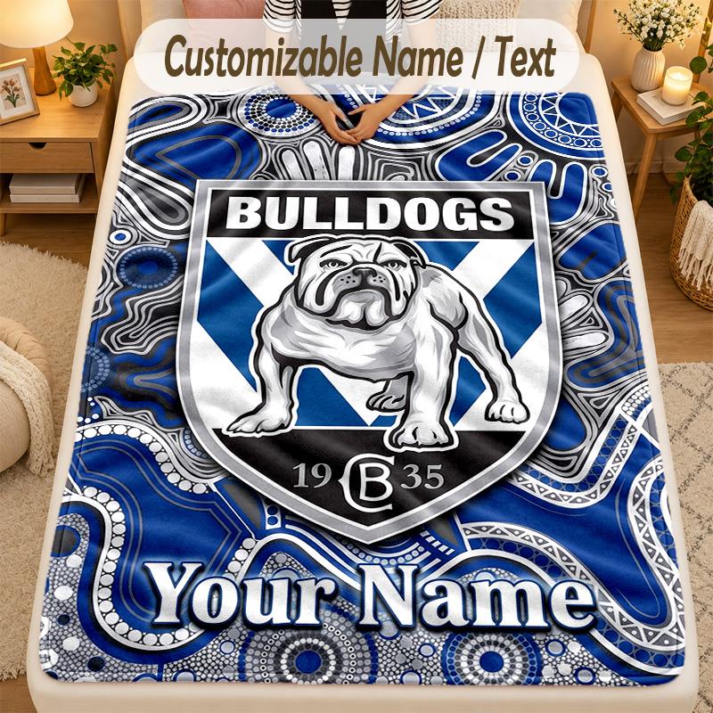 Flannel BlanketCanterbury-Bankstown Bulldogs Custom Name Text Personalized Soft Warm Throw Blanket Home Decor Gift
