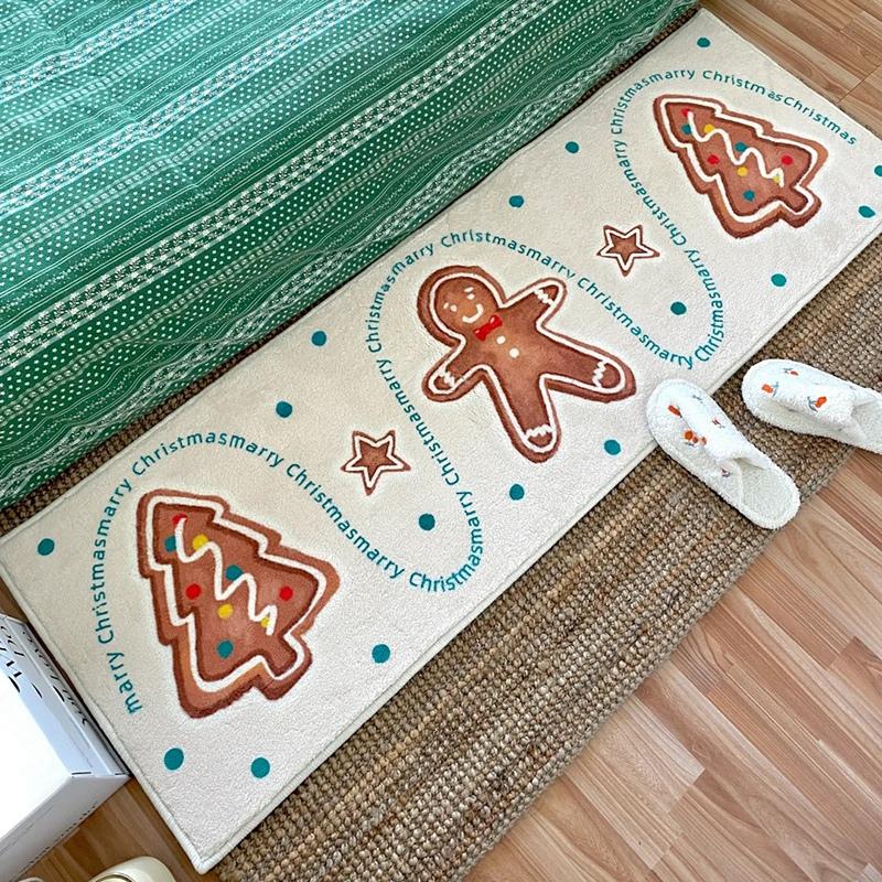 Xmas Faux Cashmere Kitchen Carpet Christmas Tree Bedside Rugs Anti Slip Door Bath Mat Gingerbread Man Floor Mat Navidad Decor