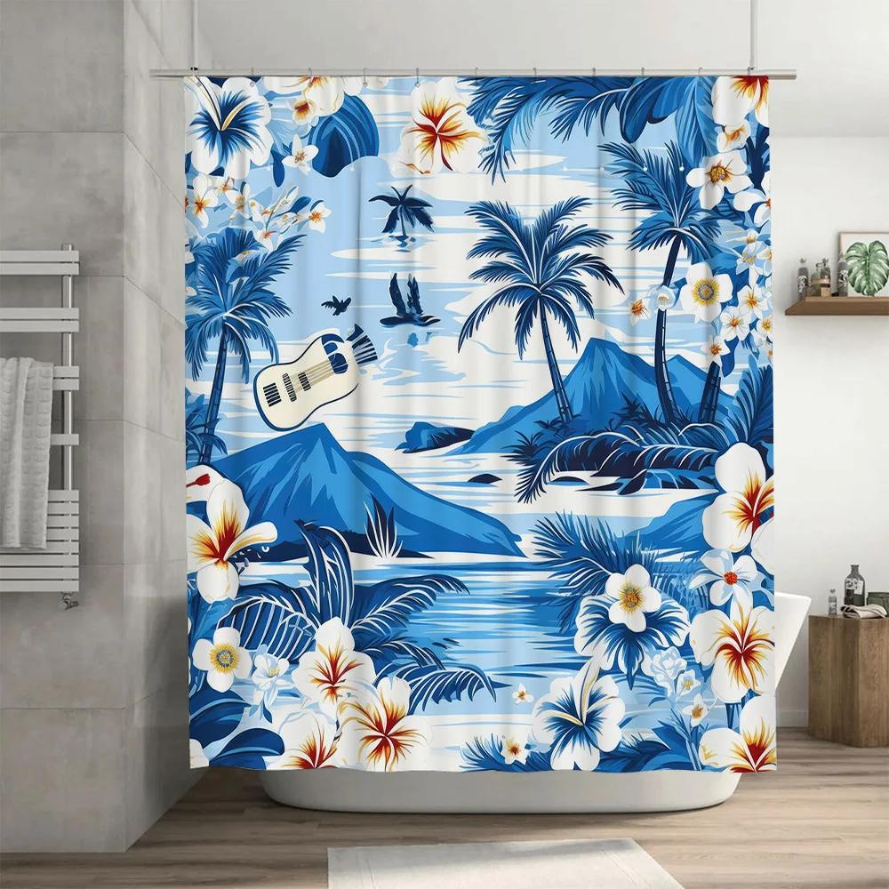 Exotic Blue Floral Shower Curtain Tropical Palm Tree Hawaiian Hibiscus Decorative Bath Mat Cover Waterproof Fabric for Home Bath