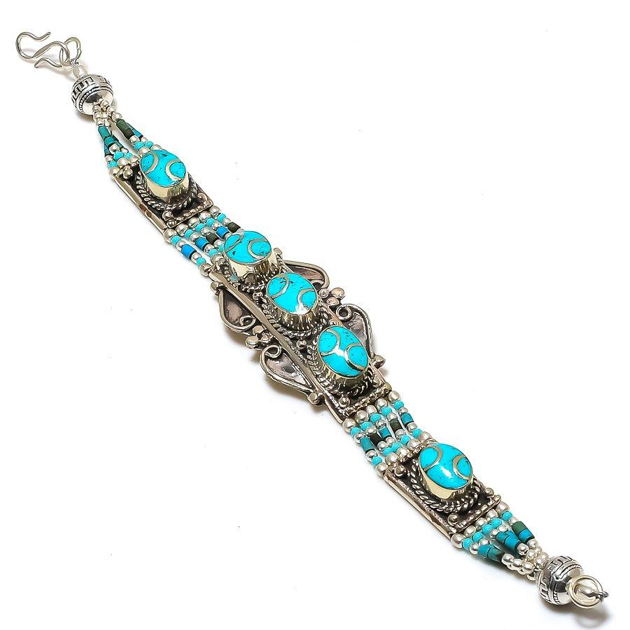 

Natural Tibetan Turquoise Gemstone Handmade Bracelet 7-8 Z0p16