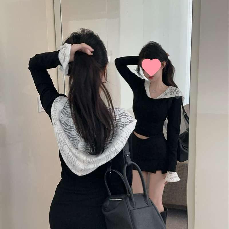 Spicy Girl Lace Patchwork Hooded T-shirt - Slim Fit Long Sleeve Top for Spring and Autumn