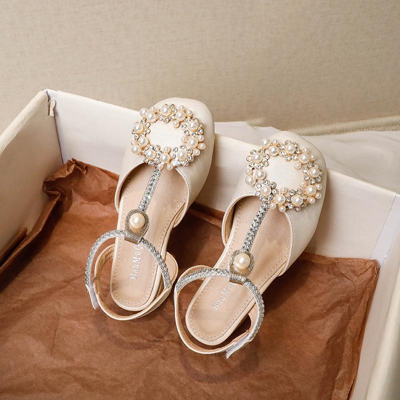 Newest Summer Girls Sandals Fashion Soft Bottom Pearl Princess Performance Baby Kids Dance Shoes Student Pu Leather High Heels A