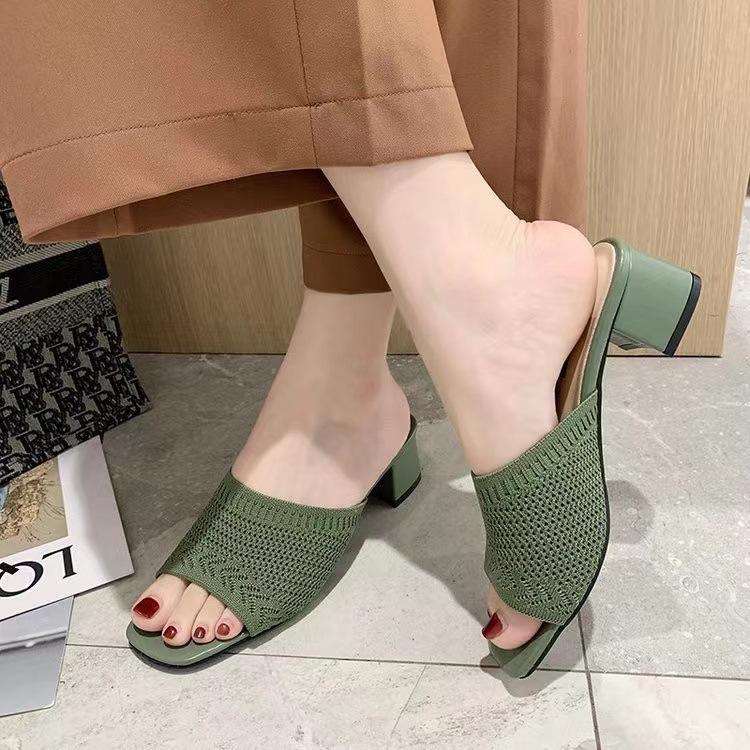Medium Heel Cool Slippers Women's Spring New Korean Version of Fly-woven Outer Wear One-word Fashion Women's Cool Slippers