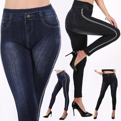 Leggings in denim imitazione femminile Pantaloni in cotone a pois laterali alla moda a vita alta