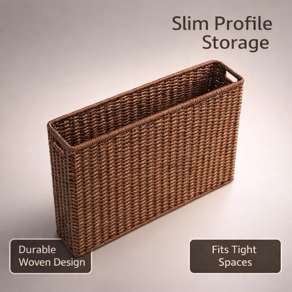 Narrow Wicker Basket Home Office Organizer, HandWoven PE Rattan Beside Sofa Storage, Apartment