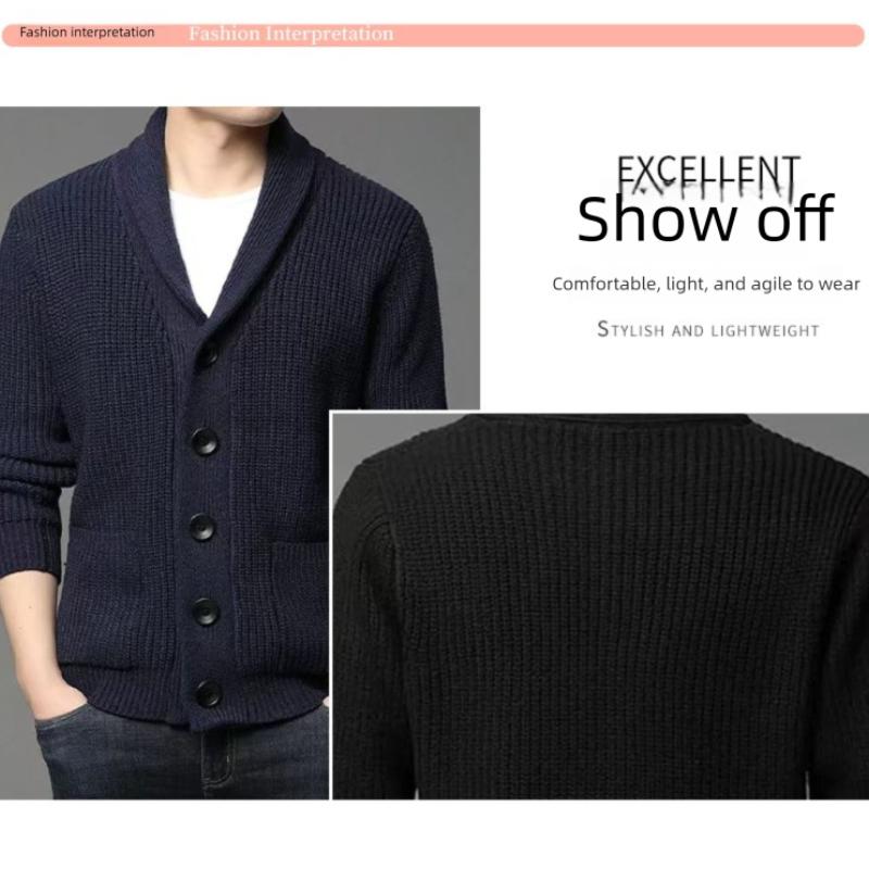 Autumn Winter Men's Thickened Button Cardigan Wool Sweater Green Fruit Collar Sweater Jacket V-neck Solid Color Casual Knitted Sweater