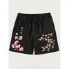 American Men's Summer Personalized Cherry Blossom Letter Print Micro Elastic Breathable Drawstring Shorts Outdoor Casual Pants