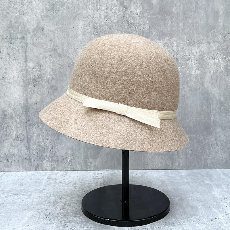 Französischer Retro Face Kleiner Hepburn-Stil Temperament Schleife Elegant Eimerhut Damen Kuppel Wollzylinder
