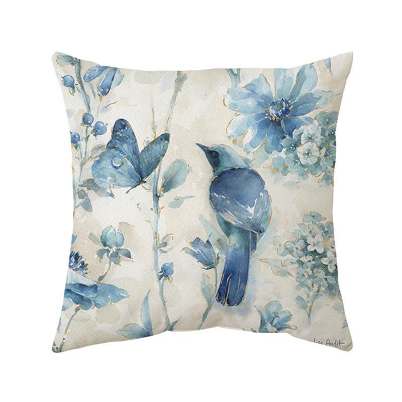 Blue flower and bird printed polyester square cushion cover for home living room sofa office decoration waist cushion pillowcase