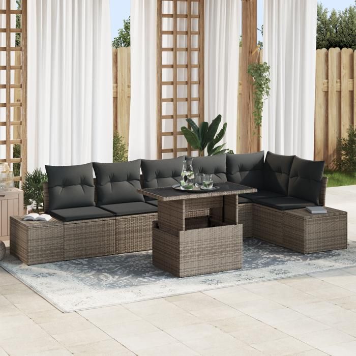 VidaXL Ensemble de Canapé de Jardin 7 Pièces avec Coussins Gris Rotin Poly 3357932