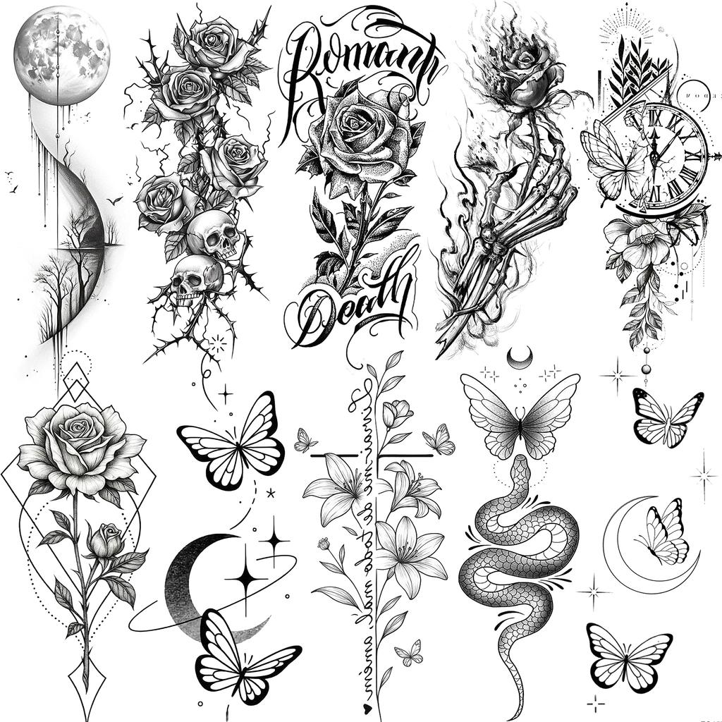 1 Blatt Totenkopf Schmetterling Rose Temporäre Tattoos Für Frauen Männer Hände Fuß Nacken,Temp Fake Tattoo Aufkleber Langanhaltend Wasserdicht