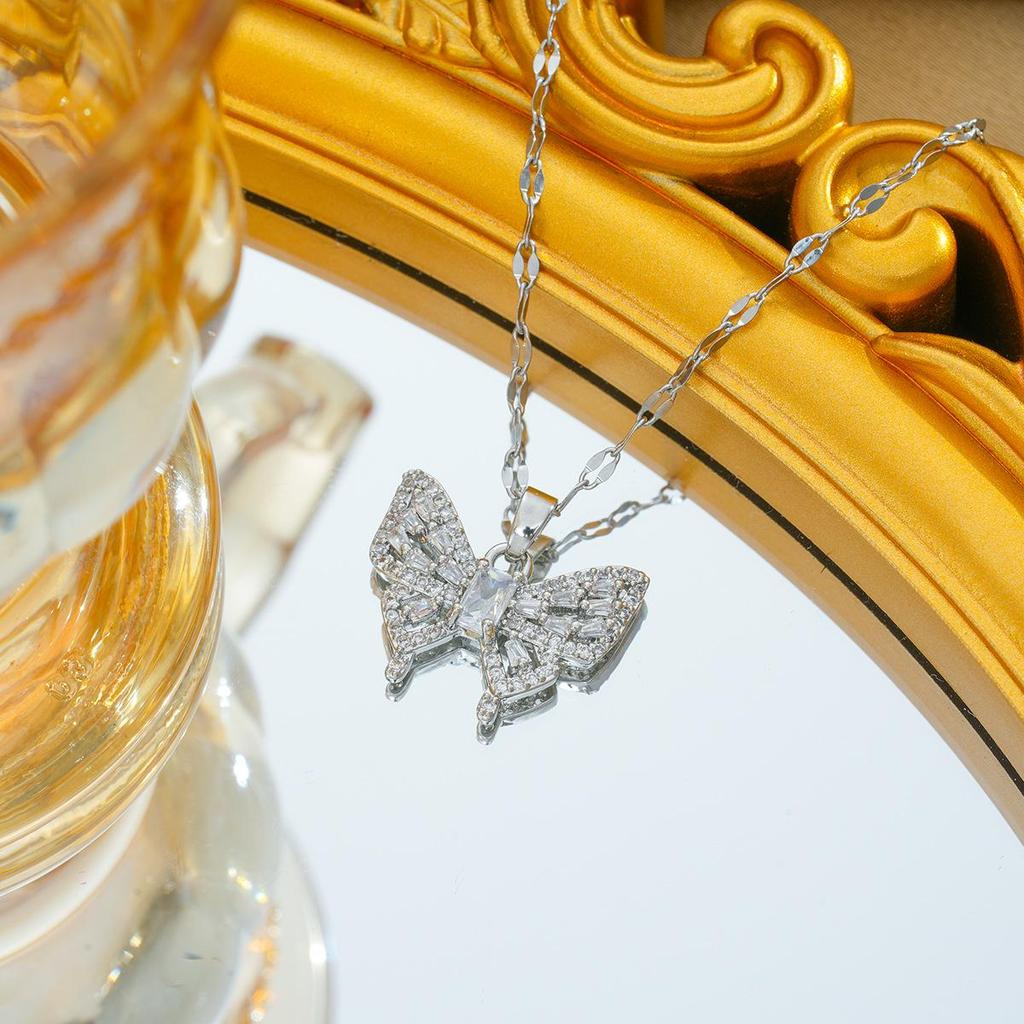 Titanium Steel Zircon Butterfly Pendant Necklace - Simple & Versatile Clavicle Accessory