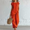 Women's Summer Casual 2 Piece Sets, Buttons Short Sleeve Top And Wide Leg Pants Matching Sets, Asymmetrical Hem Vacation Lounge Outfits