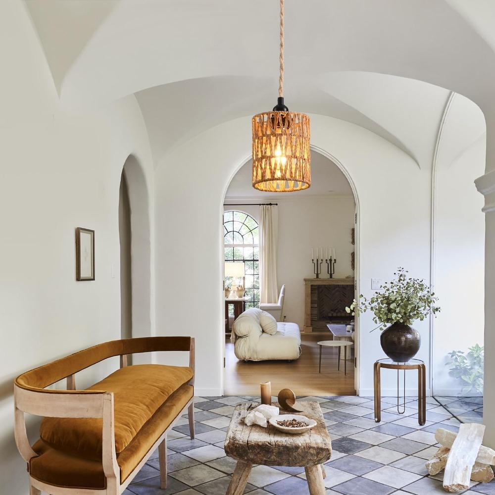 Boho Plug In Pendant Light Rattan Hanging Light with Cord Hemp Rope Farmhouse Hanging Lamp for Dining Room Bedside Restaurant