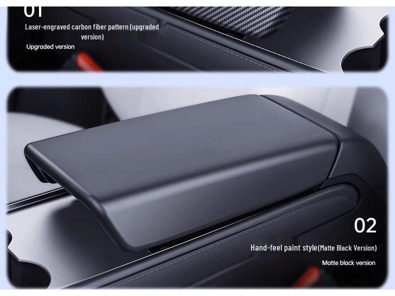Tesla Model Y 2025 Armlehnenbox-Abdeckung mit glänzender Karbonfaserstruktur und vollständiger Abdeckung des Luftauslasses