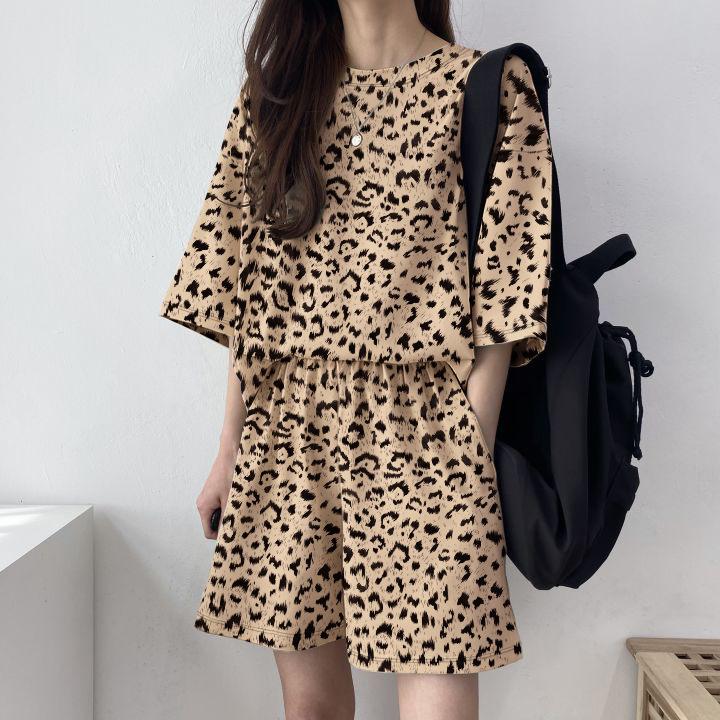 Women's Leopard Print Short Sleeve Top & Bermuda Shorts 2 Piece Tracksuit Plus Size Korean Casual Loungewear Set 2026 Summer Four Seasons Pajamas