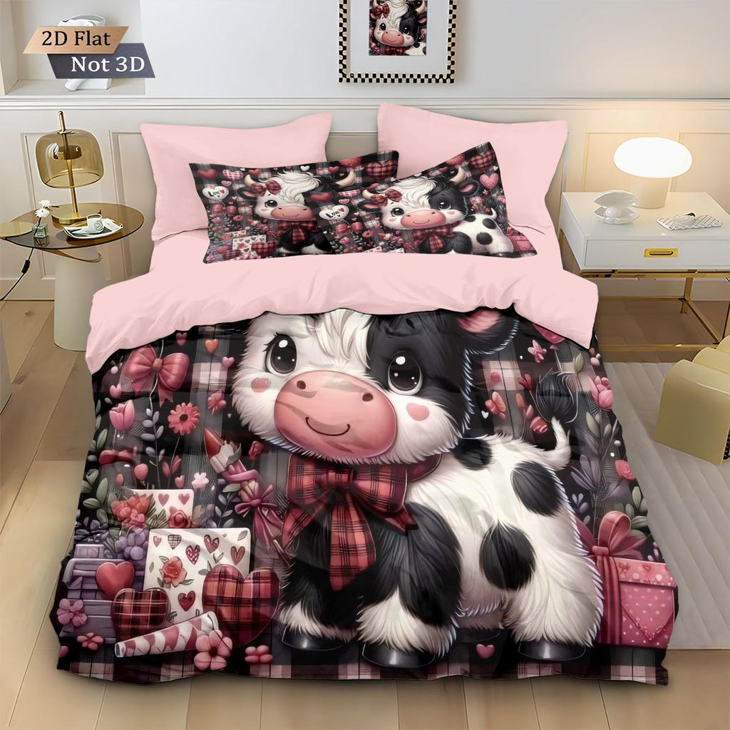 Lovely Cartoon Farm Animal Pattern Comforter Cover Reversible Grid Plaid Duvet Cover, Cute Cow Print Quilt Cover Set Boys Girls